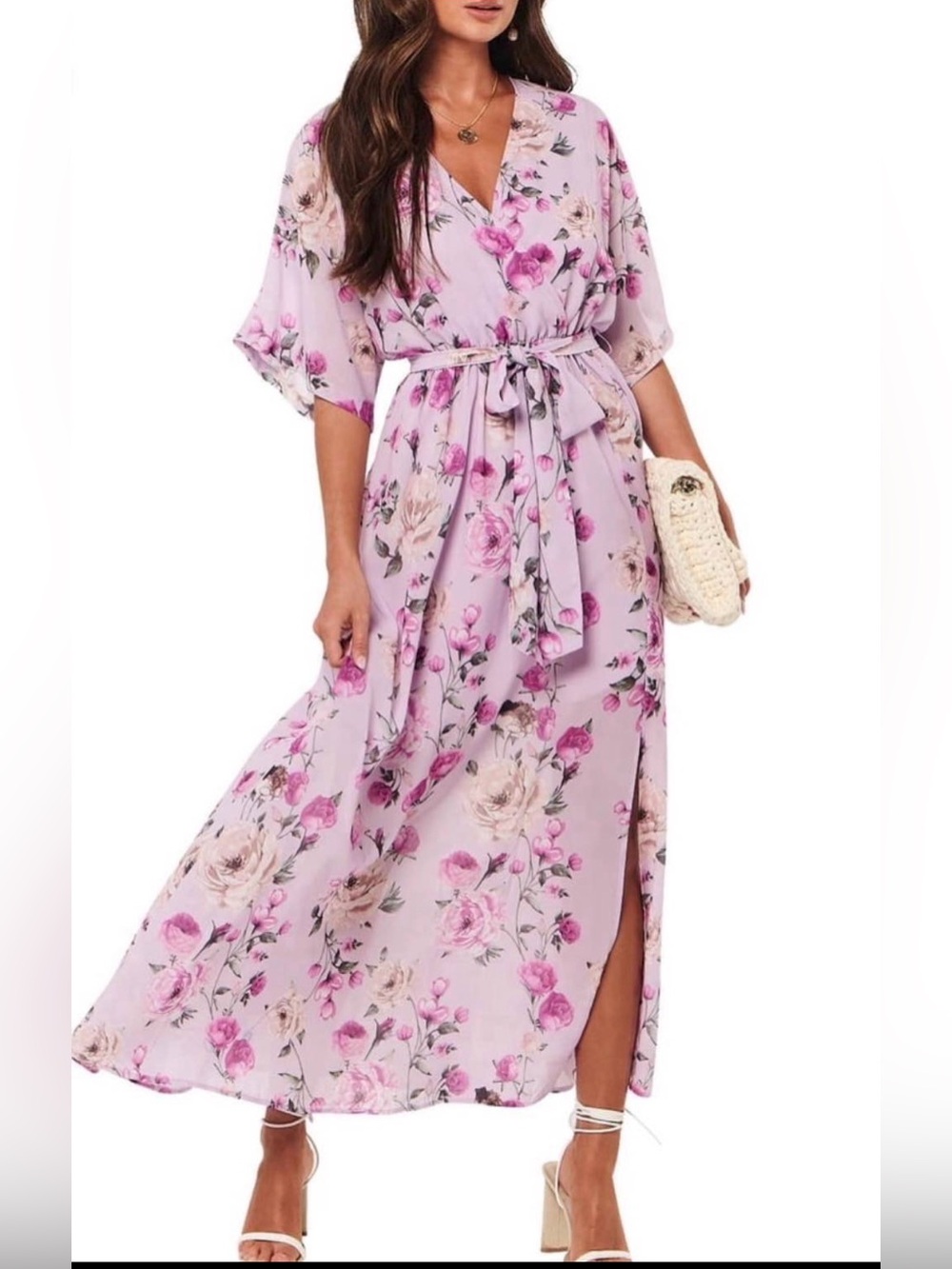 Anrabress Floral Lavender Wrap Maxi Dress with Belt